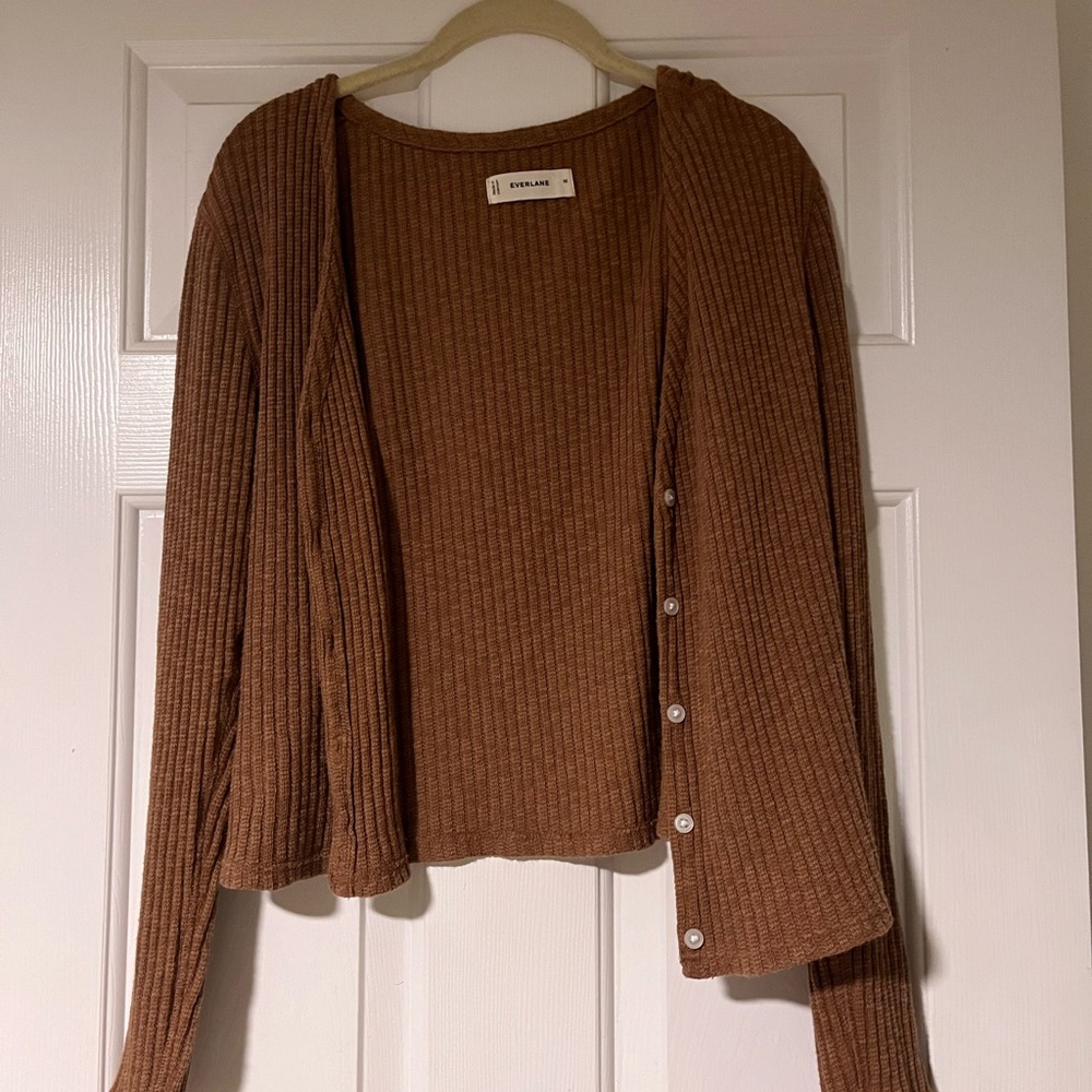 Everlane Brown Ribbed Button-Front Cardigan